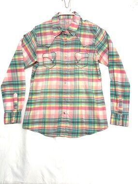 Women’s Pink & Green Plaid Western-Style Button Front Shirt